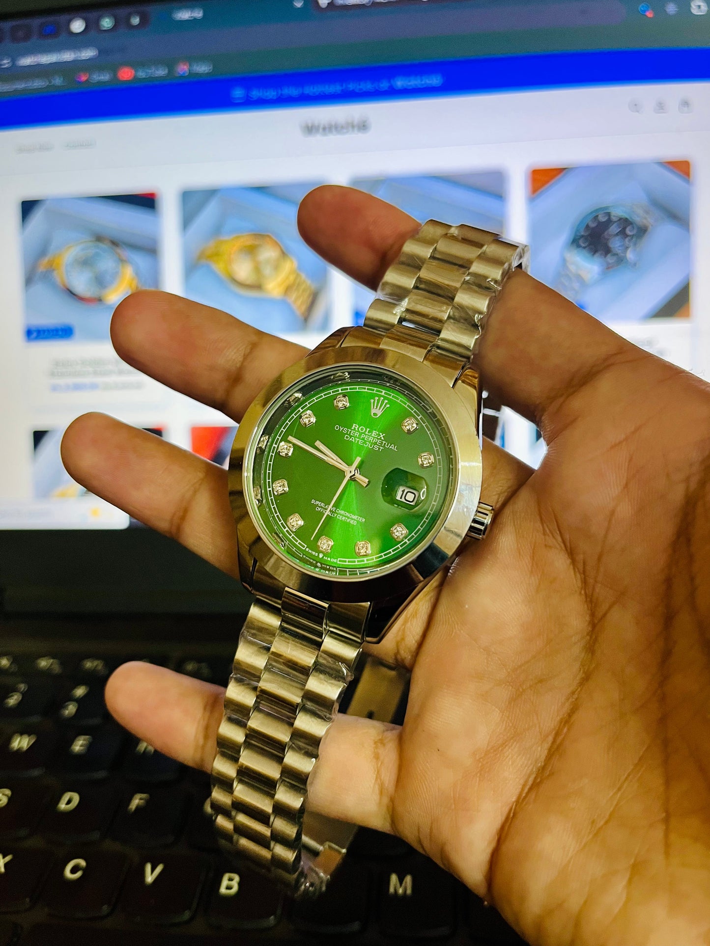 Rolex Silver Green Stainless Steel Watch CL