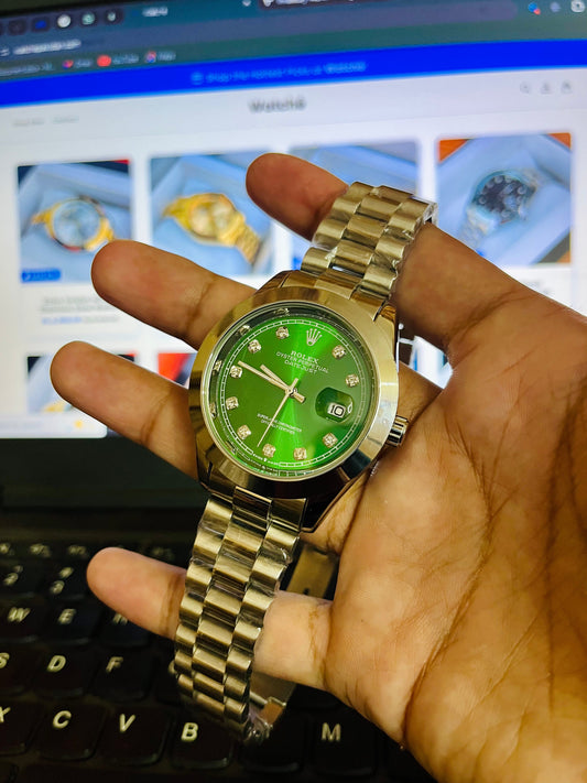 Rolex Silver Green Stainless Steel Watch CL